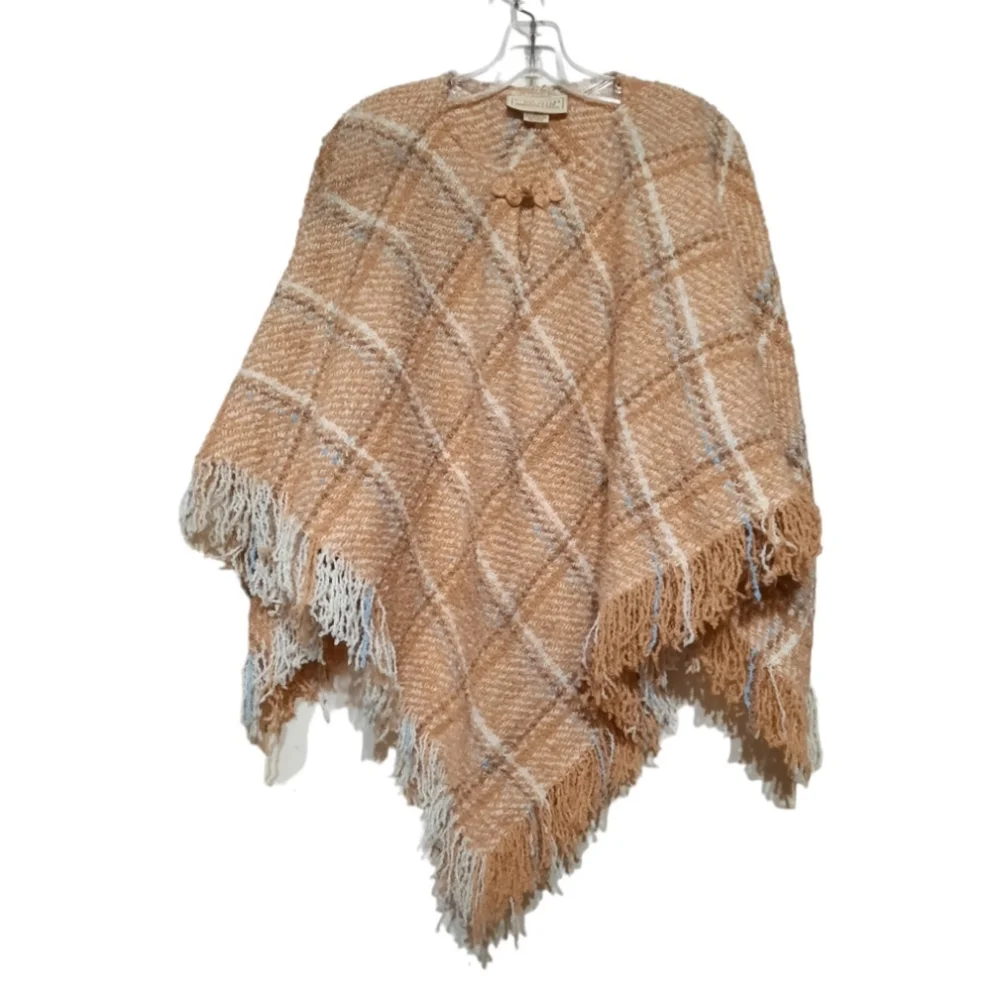IRISH ALPACA Fringe Plaid Poncho Cape Sweater BOYNE VALLEY WEAVERS Tan Blue OS - Picture 3 of 10
